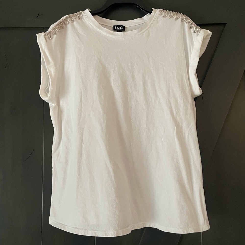 INC International Concepts White Embellished Short Sleeve Top
